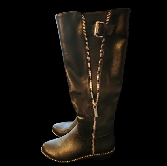 Black Studded Knee High Boots with Zippers - Picture 2 of 7